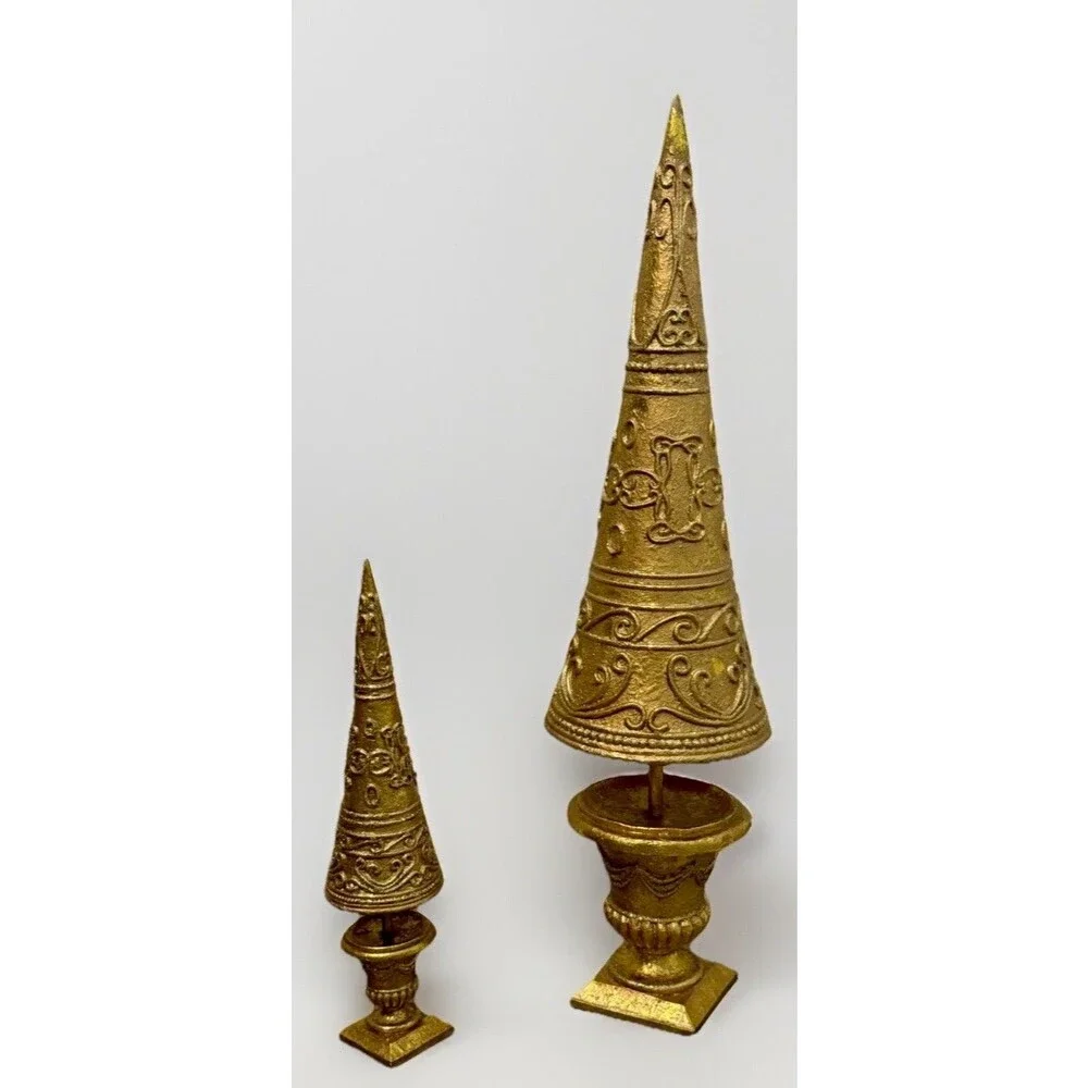 Interior Decorative Golden Ornate Christmas Tree 20” & 10” H. Set Of 2